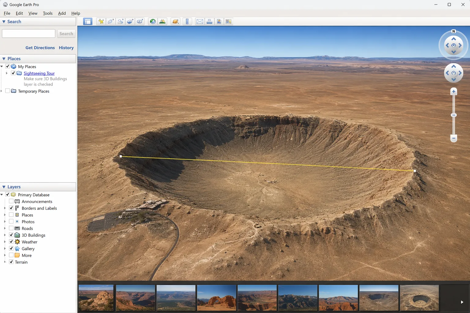 Google Earth Pro showing a desert impact crater with terrain enabled and a rim-to-rim ruler line