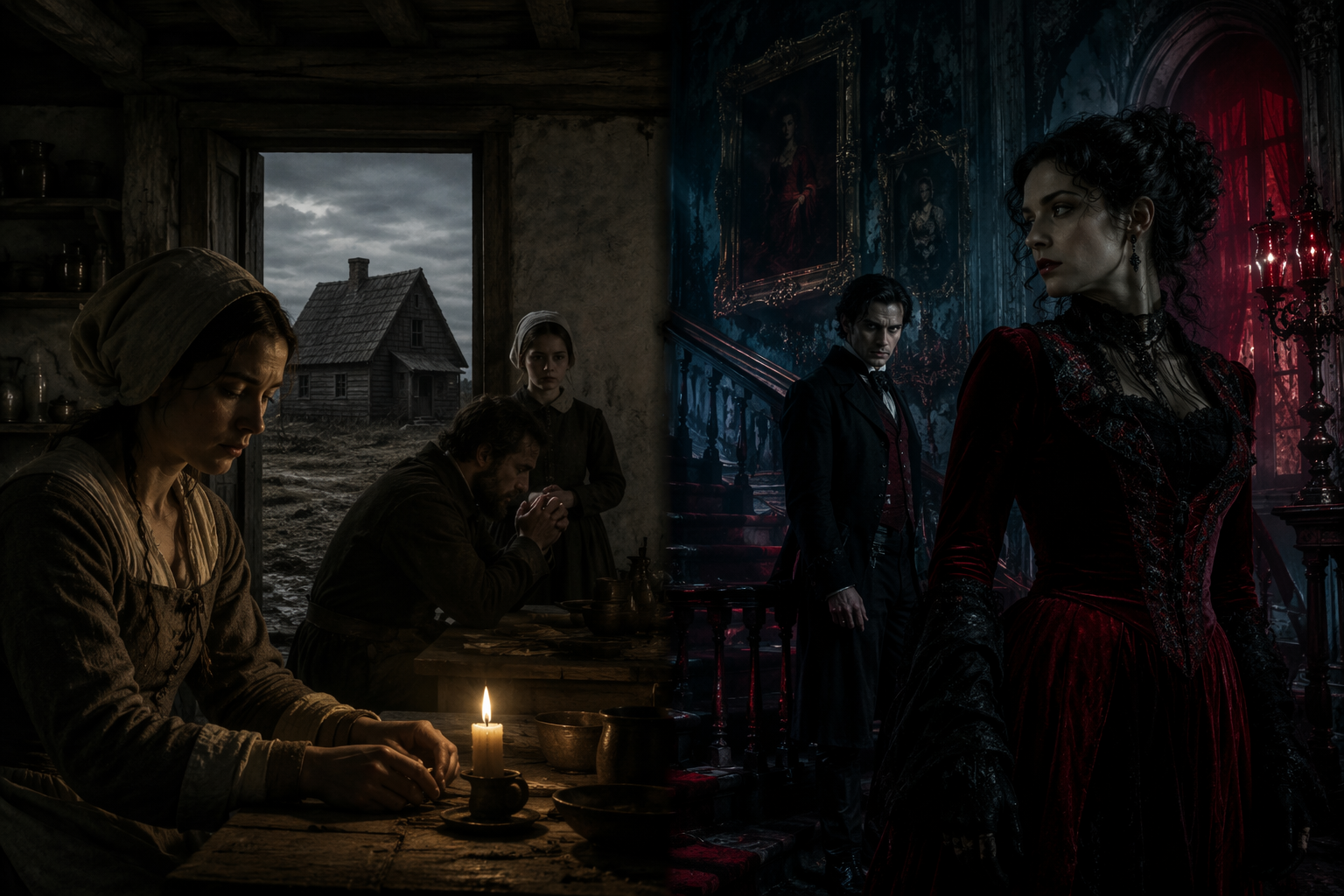 Split comparison of historically grounded Puritan period horror design and stylized Victorian Gothic design with saturated red and blue lighting