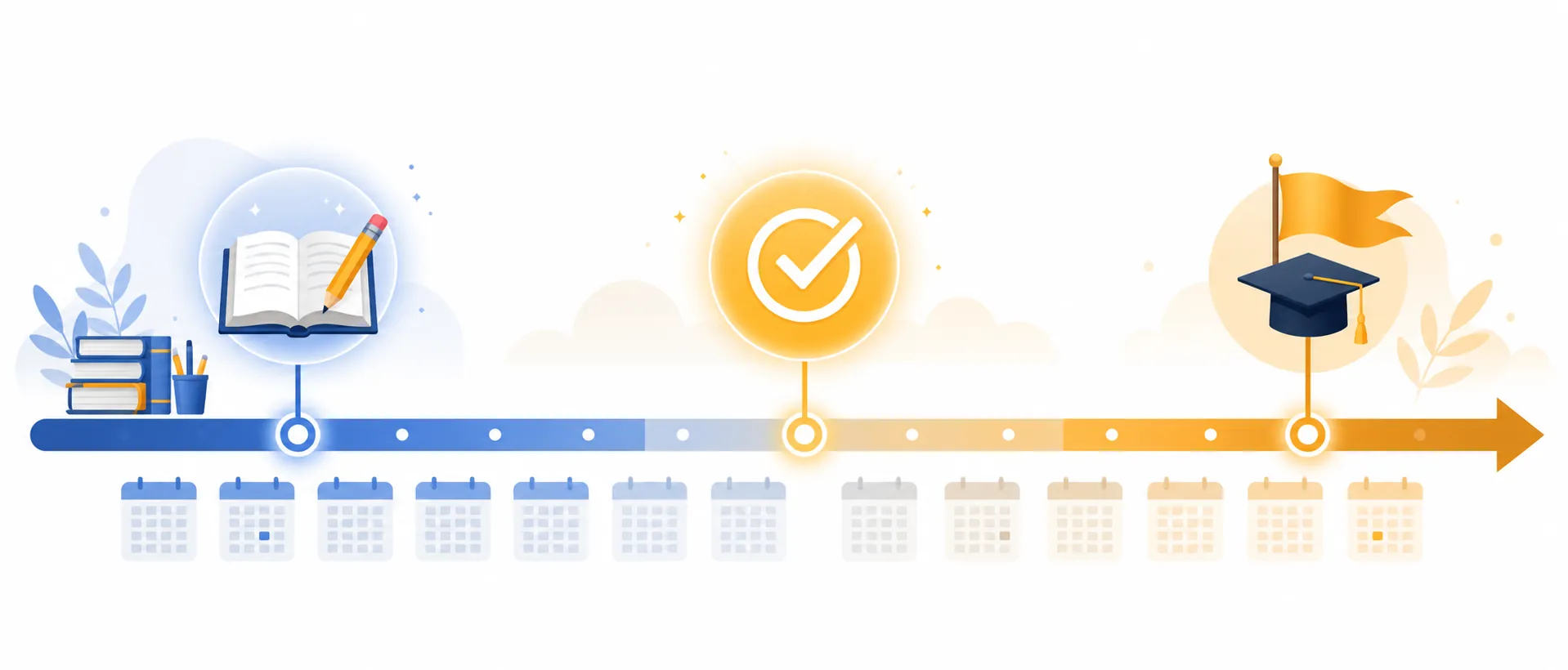 Calendar-block timeline with study, exam, and graduation milestone icons