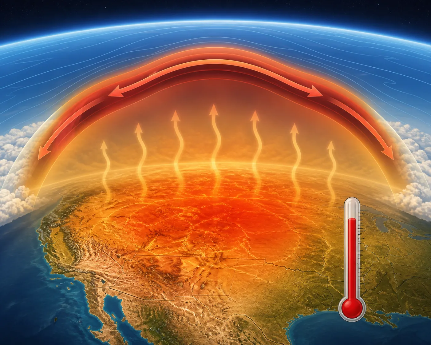 Cross-section illustration of a dome-shaped high-pressure ridge trapping hot air over land and producing extreme surface temperatures