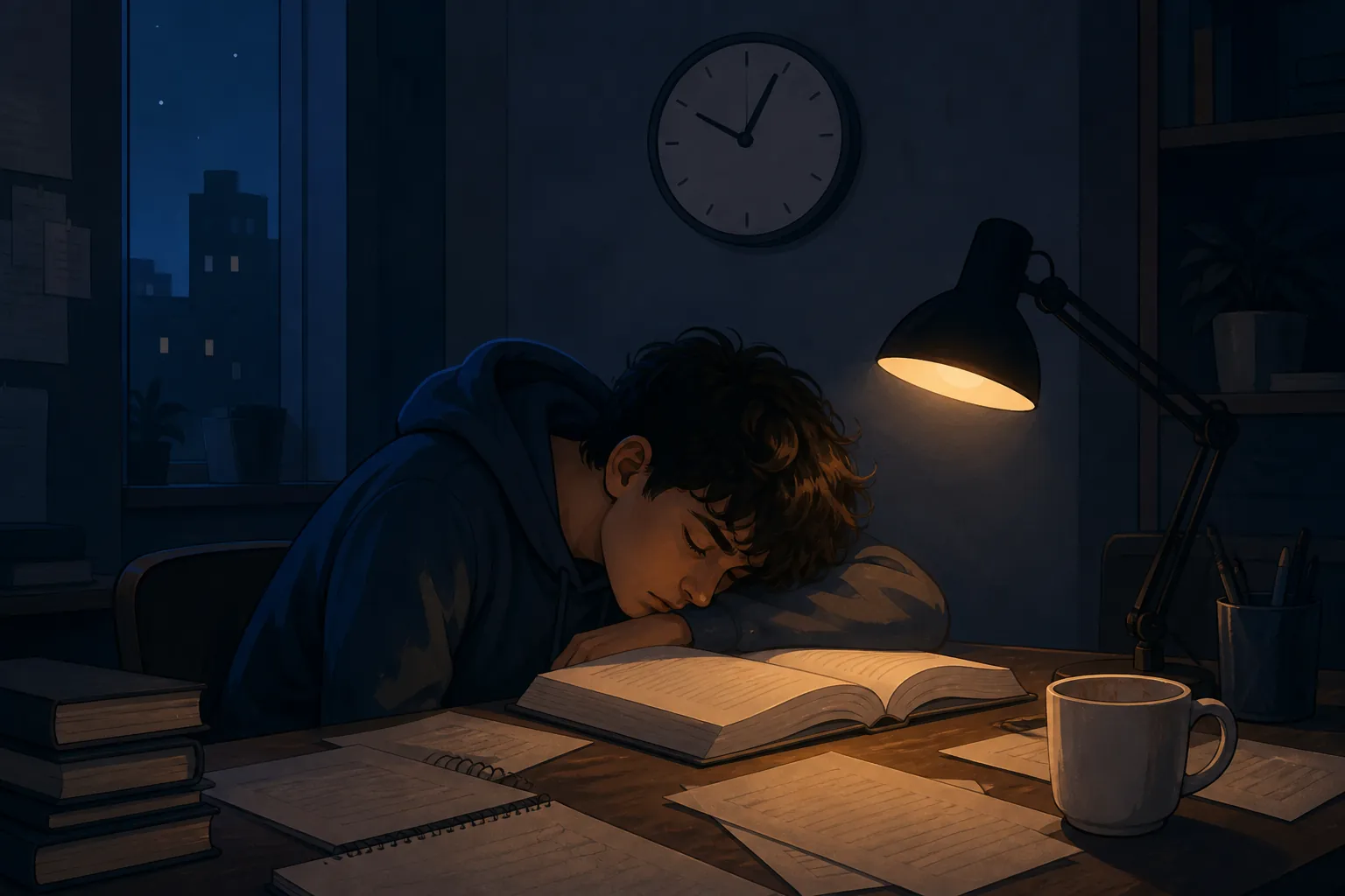 Student dozing off over an open textbook late at night with a desk lamp, clock, coffee mug, and scattered notes