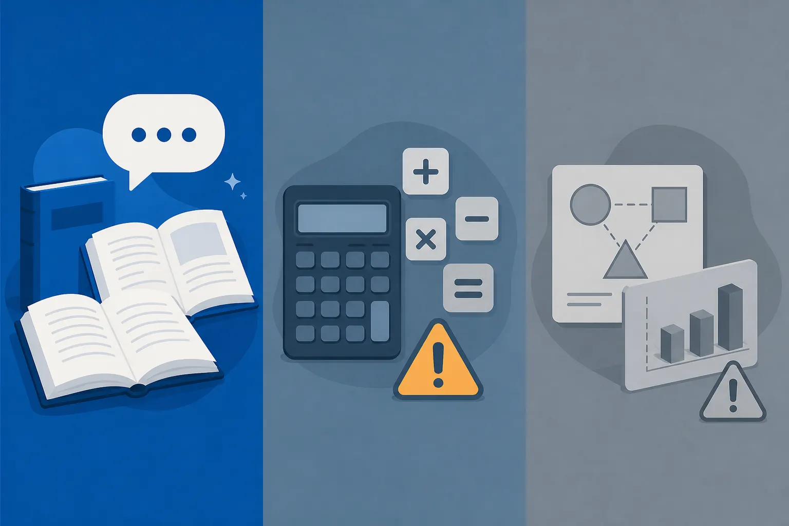 Three-panel illustration comparing stronger verbal AI performance with weaker math and visual reasoning tasks