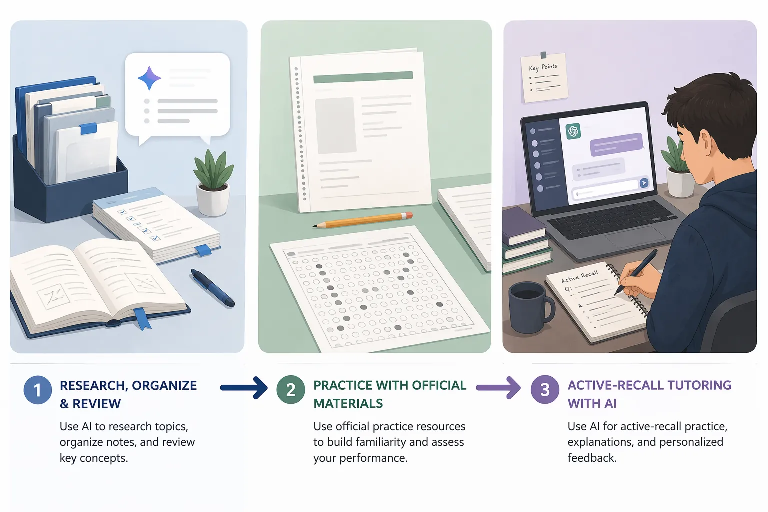Workflow showing Gemini for research and review, official sources for practice, and tutoring support for active recall