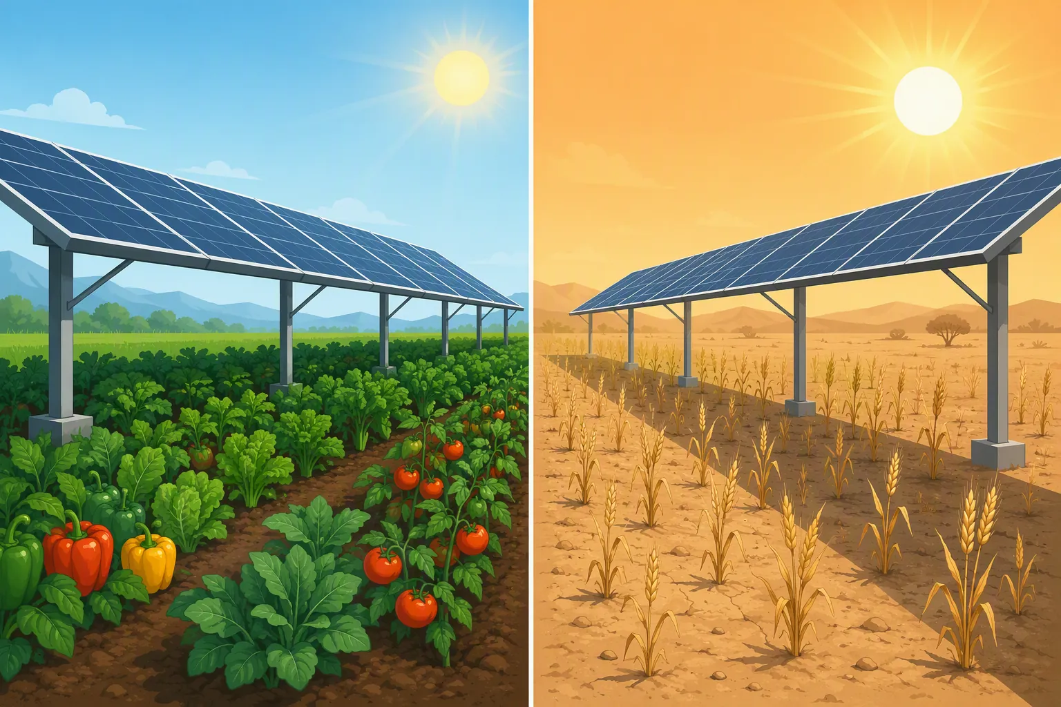 Split illustration contrasting shade-tolerant vegetables thriving under solar panels with stunted grain crops under the same panels