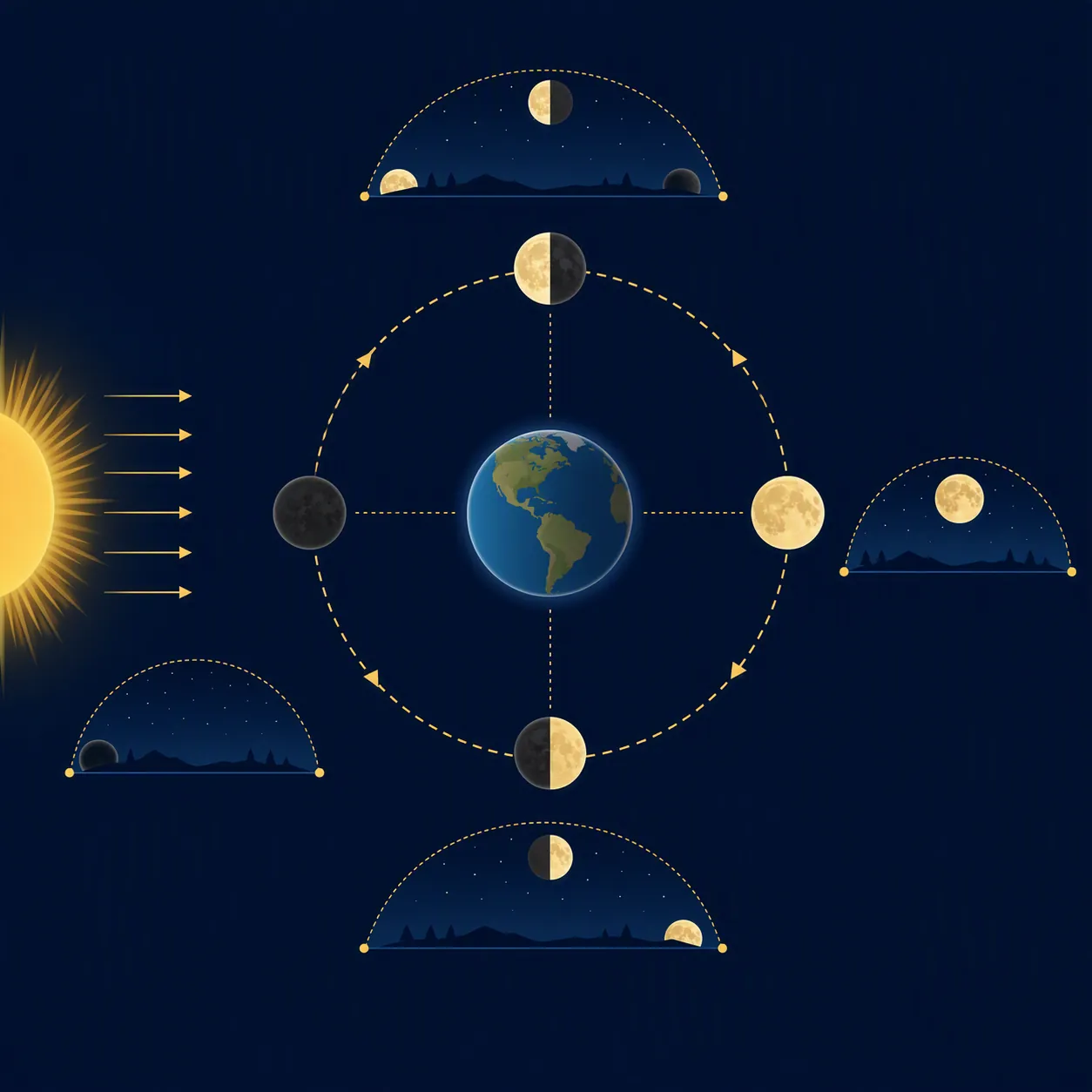 Top-down diagram of Moon positions around Earth with rise and set timing cues for new, first quarter, full, and third quarter phases