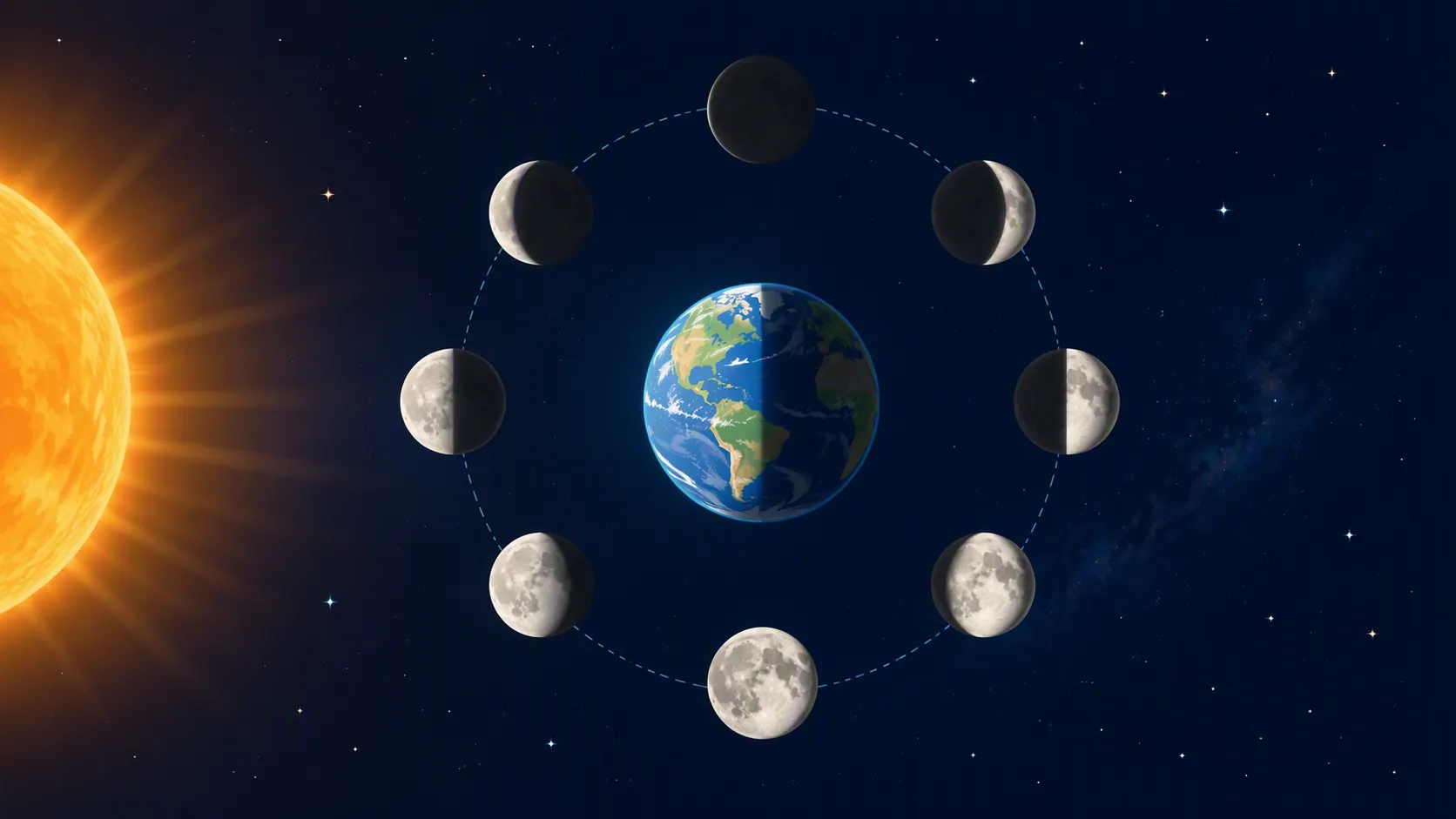 Diagram of the lunar phase cycle with the Sun, Earth, and eight Moon positions showing changing illumination
