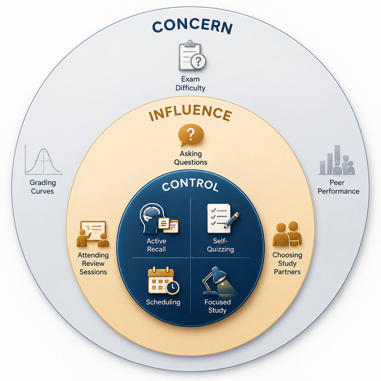 Three concentric circles showing control, influence, and concern for studying