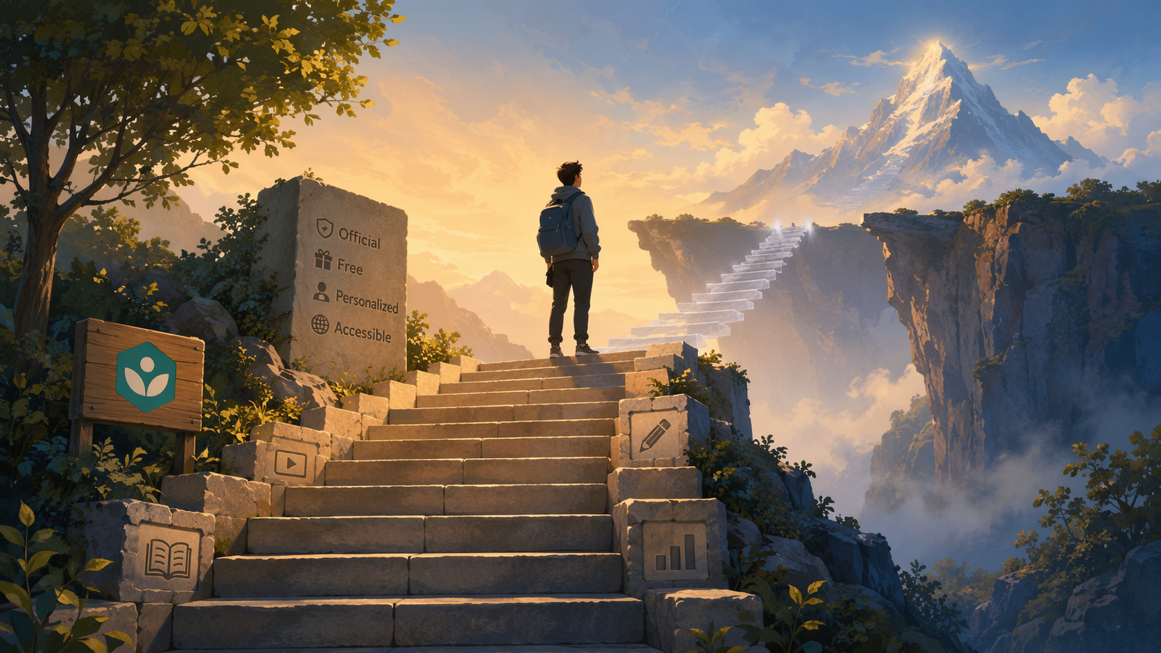 Student standing where a broad SAT prep staircase narrows near a distant summit