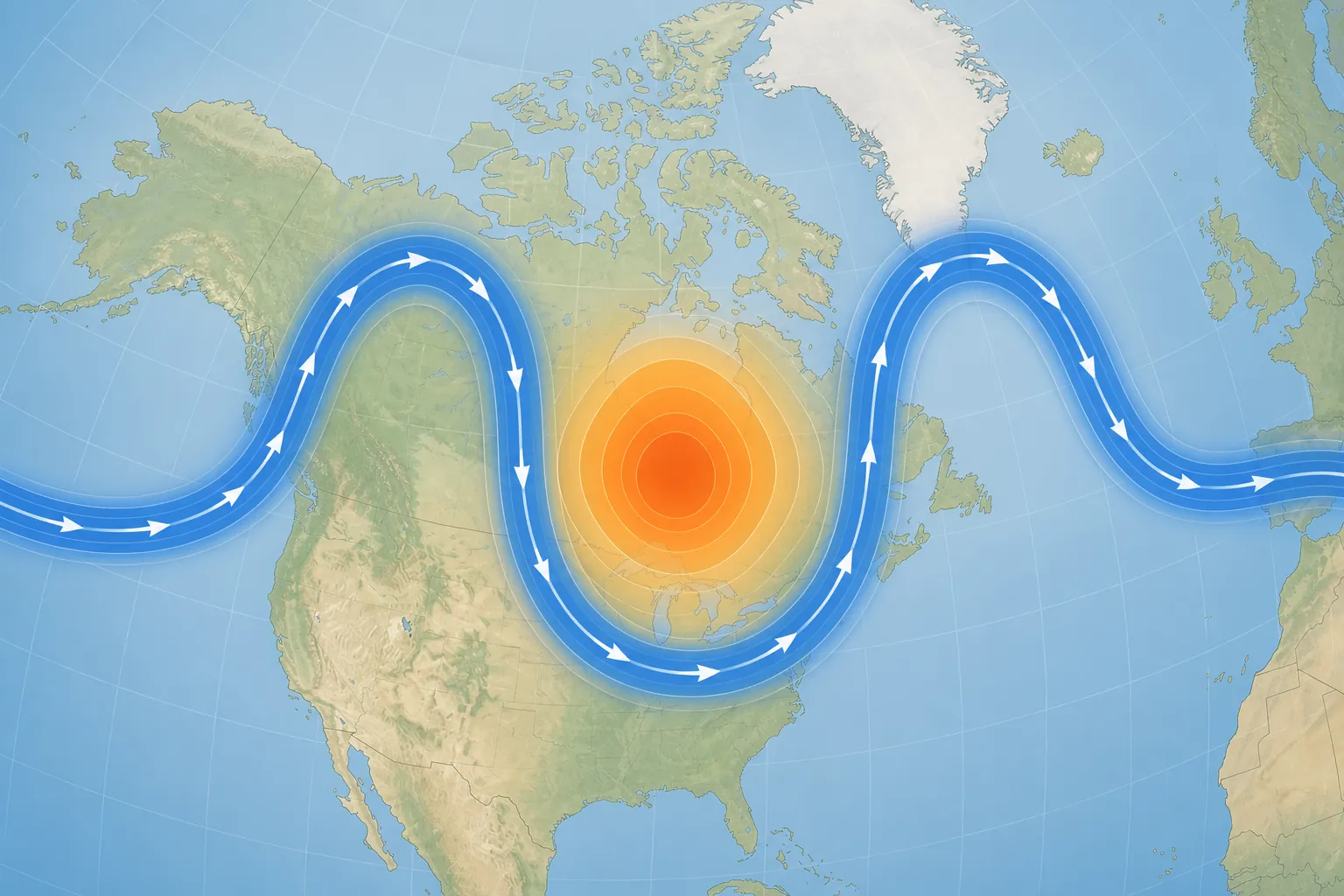Schematic map of a jet-stream omega block with a stationary high-pressure zone in the center