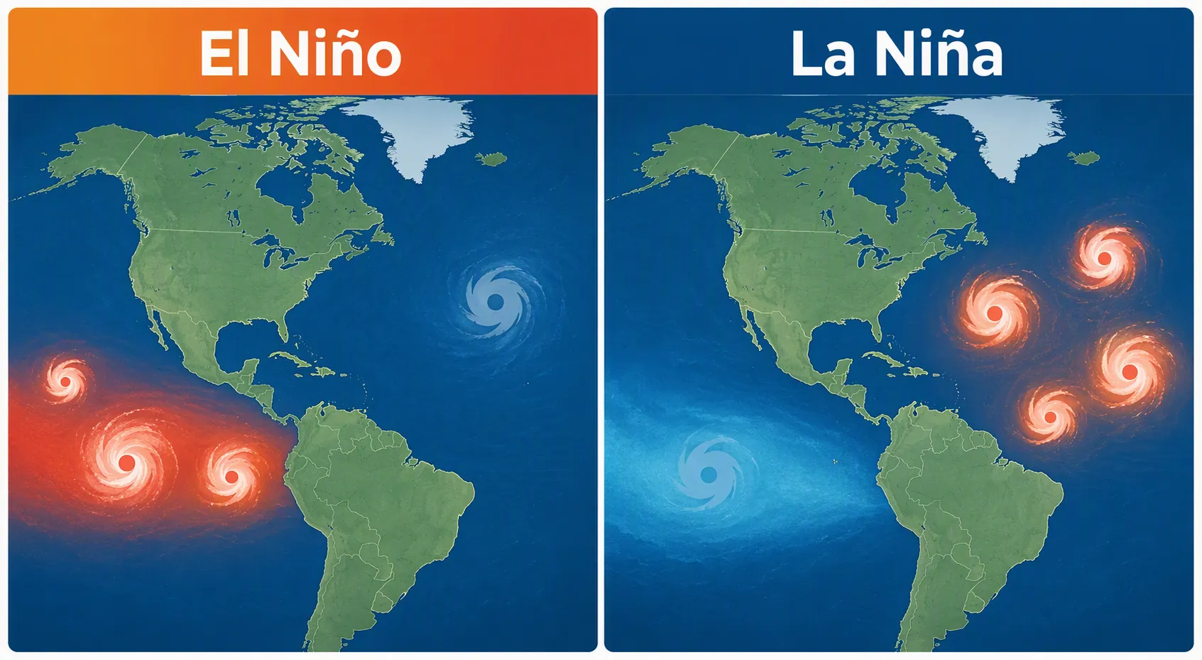 Two-panel comparison showing El Niño suppressing Atlantic hurricanes and La Niña favoring Atlantic hurricane activity