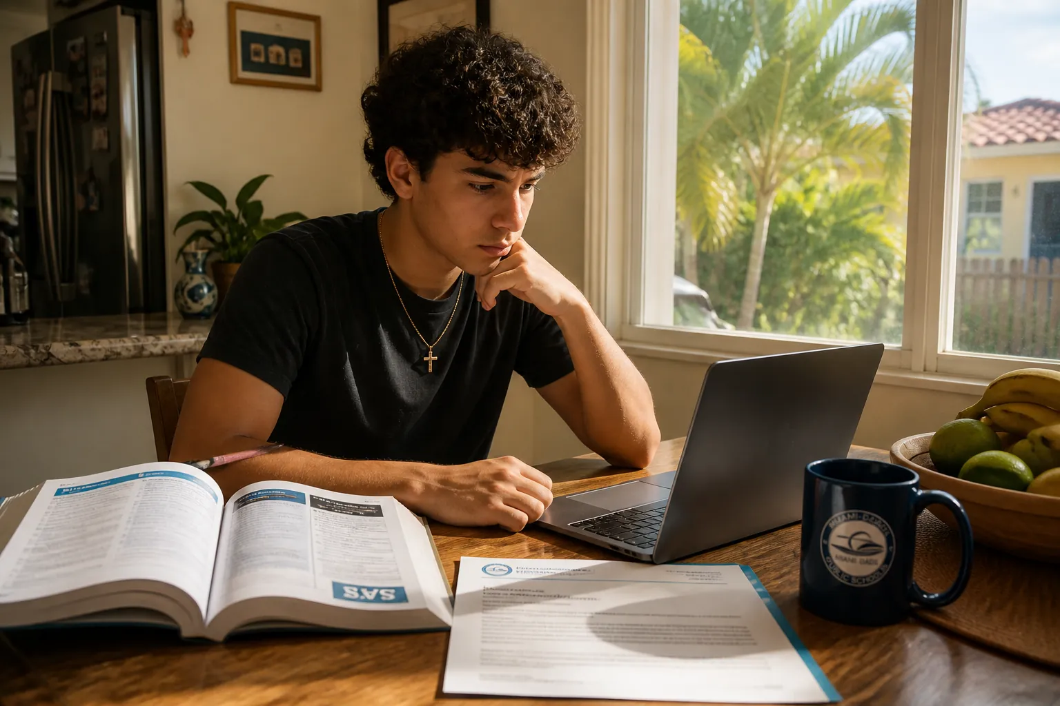 Miami student studying with an SAT prep book and laptop beside a school closure notice