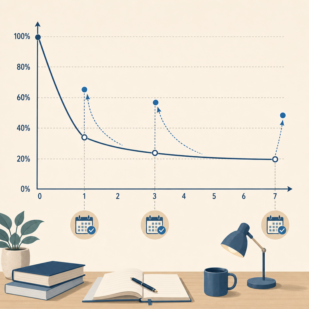 A clean educational flat vector illustration of the Ebbinghaus forgetting curve as a steep downward line from 100% to approximately 20% retention over 7 days, with small visual boost markers at Day 1, Day 3, and Day 7 showing spaced review sessions lifting retention levels back up, in muted blue and beige tones