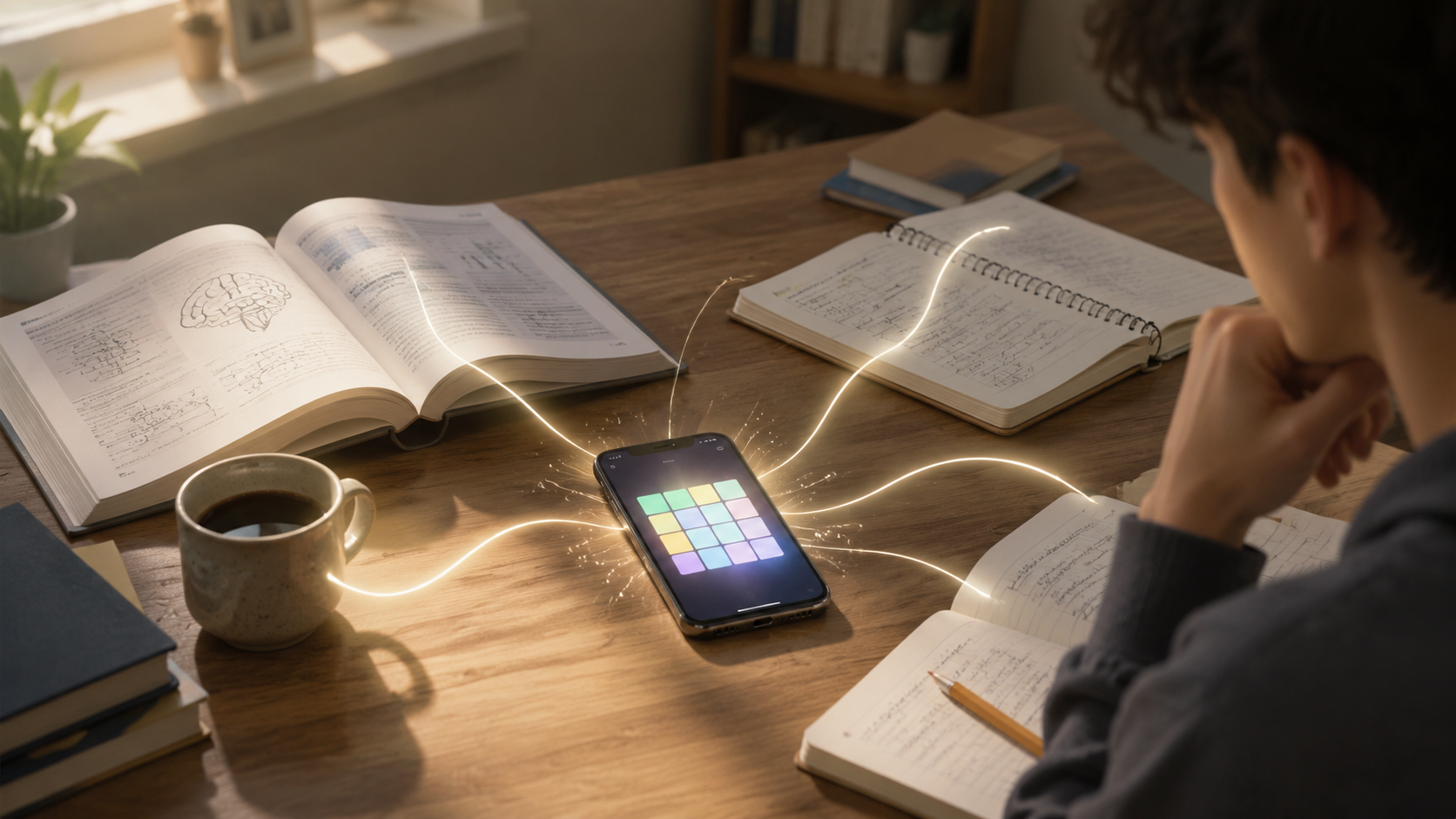 Student studying at a desk while a phone shows a colorful word grid puzzle connected visually to textbooks and notes