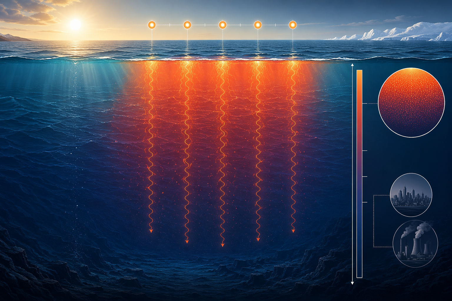 Ocean cross-section showing heat energy moving downward through water across five record years