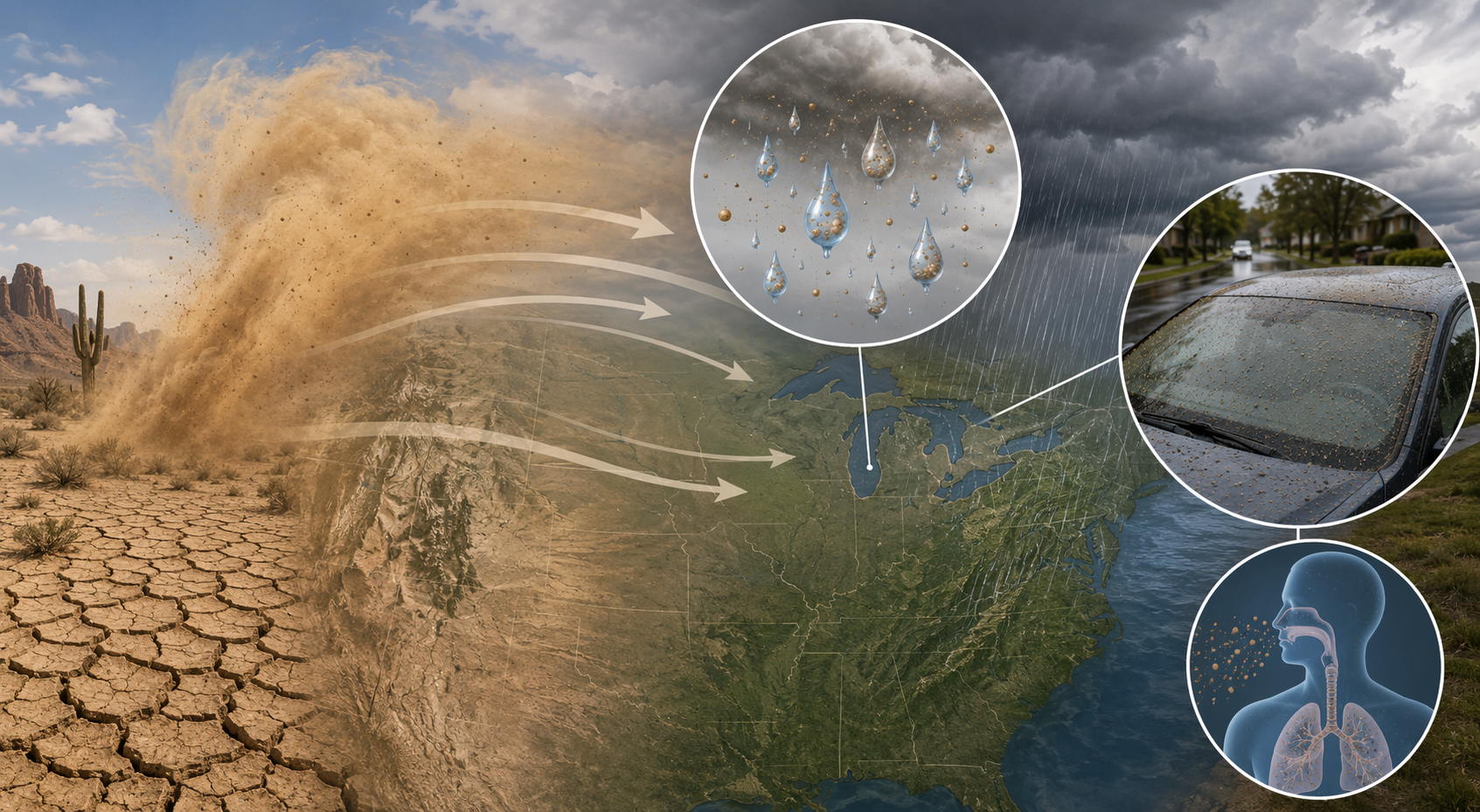 Illustration of drought soil, windblown dust, rain clouds, a dusty car, and respiratory exposure