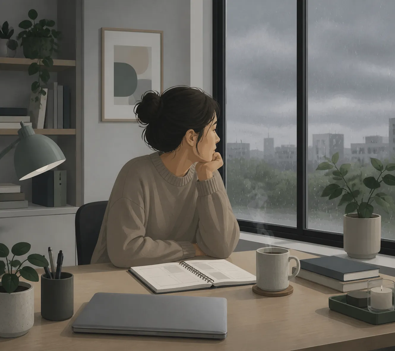 Student sitting calmly at a tidy desk with an open planner on a rainy day