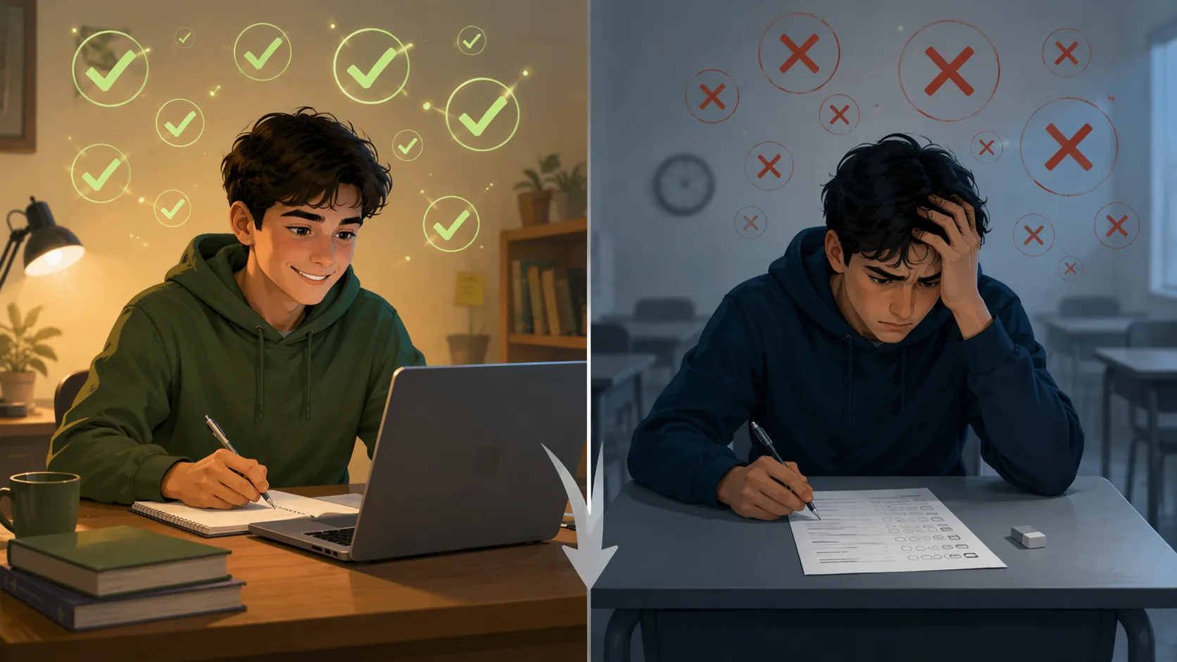 Student performing well during AI-assisted practice but struggling during the exam