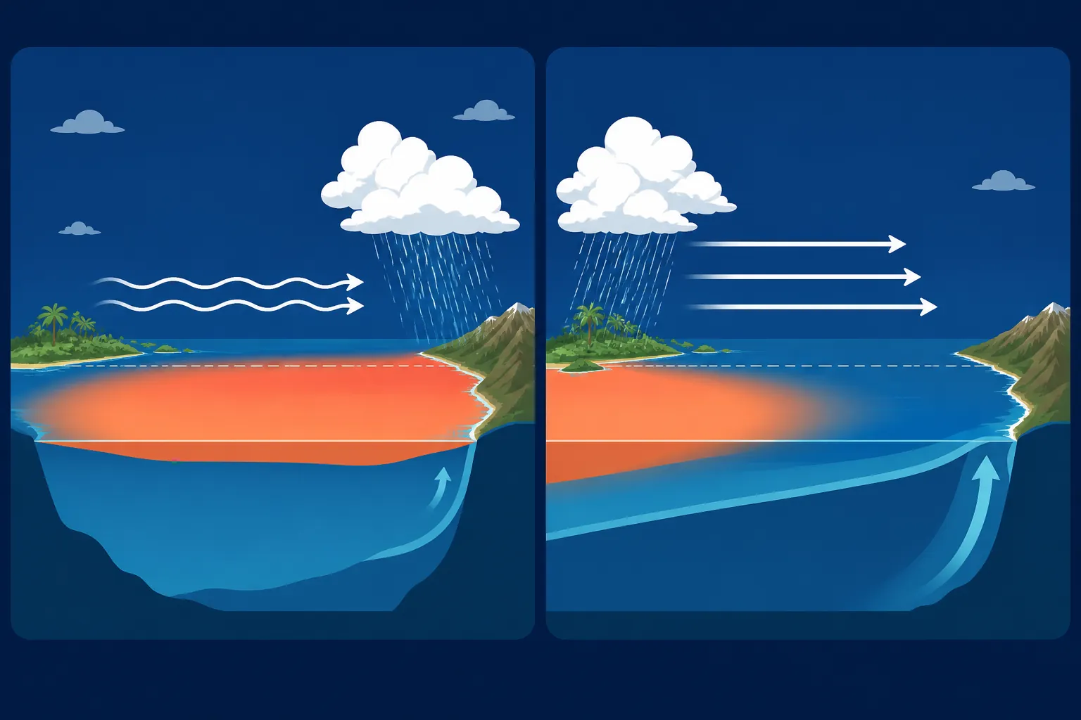 Side-by-side Pacific Ocean diagrams showing weak winds and warm water shifted east during El Niño, and strong winds, western warm water, and greater upwelling during La Niña