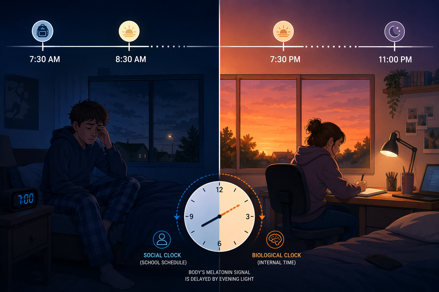 Split illustration of dark winter morning and extended evening light under permanent daylight saving time