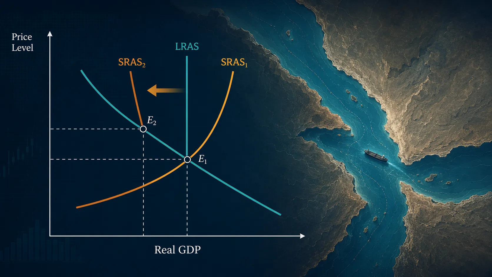AD-AS diagram showing short-run aggregate supply shifting left near the Bab el-Mandeb chokepoint