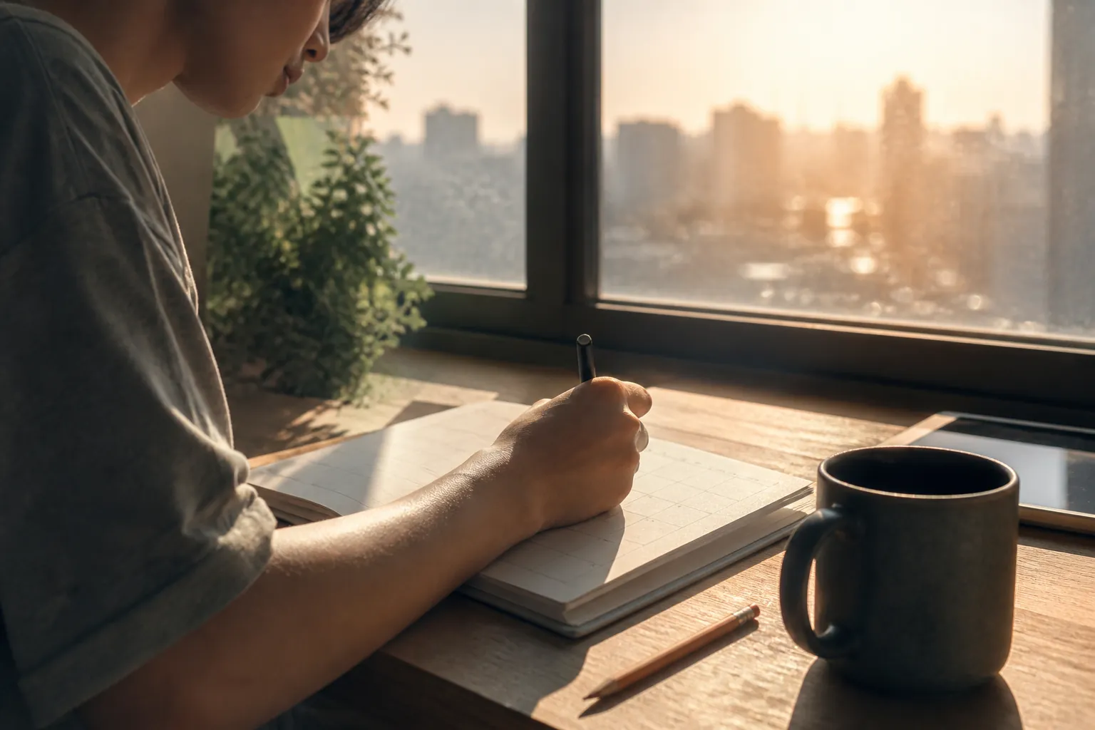Student writing in a planner at a desk in cool early morning light while heat haze is visible outside
