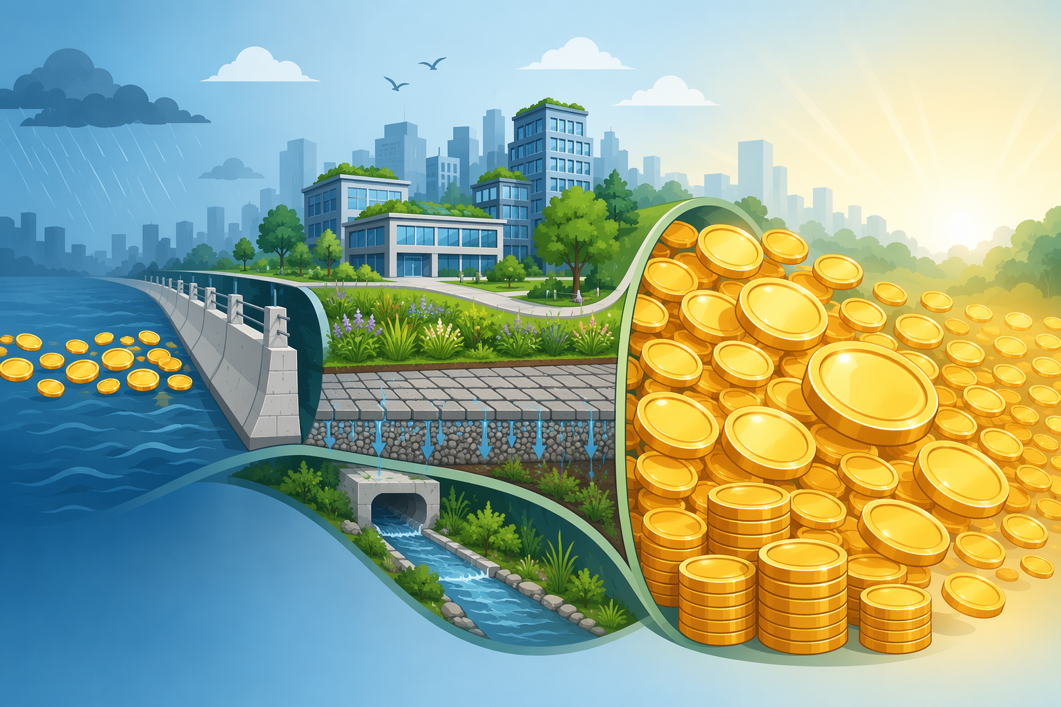 Coins flowing into flood walls, green roofs, permeable pavements, and stormwater channels before multiplying into savings
