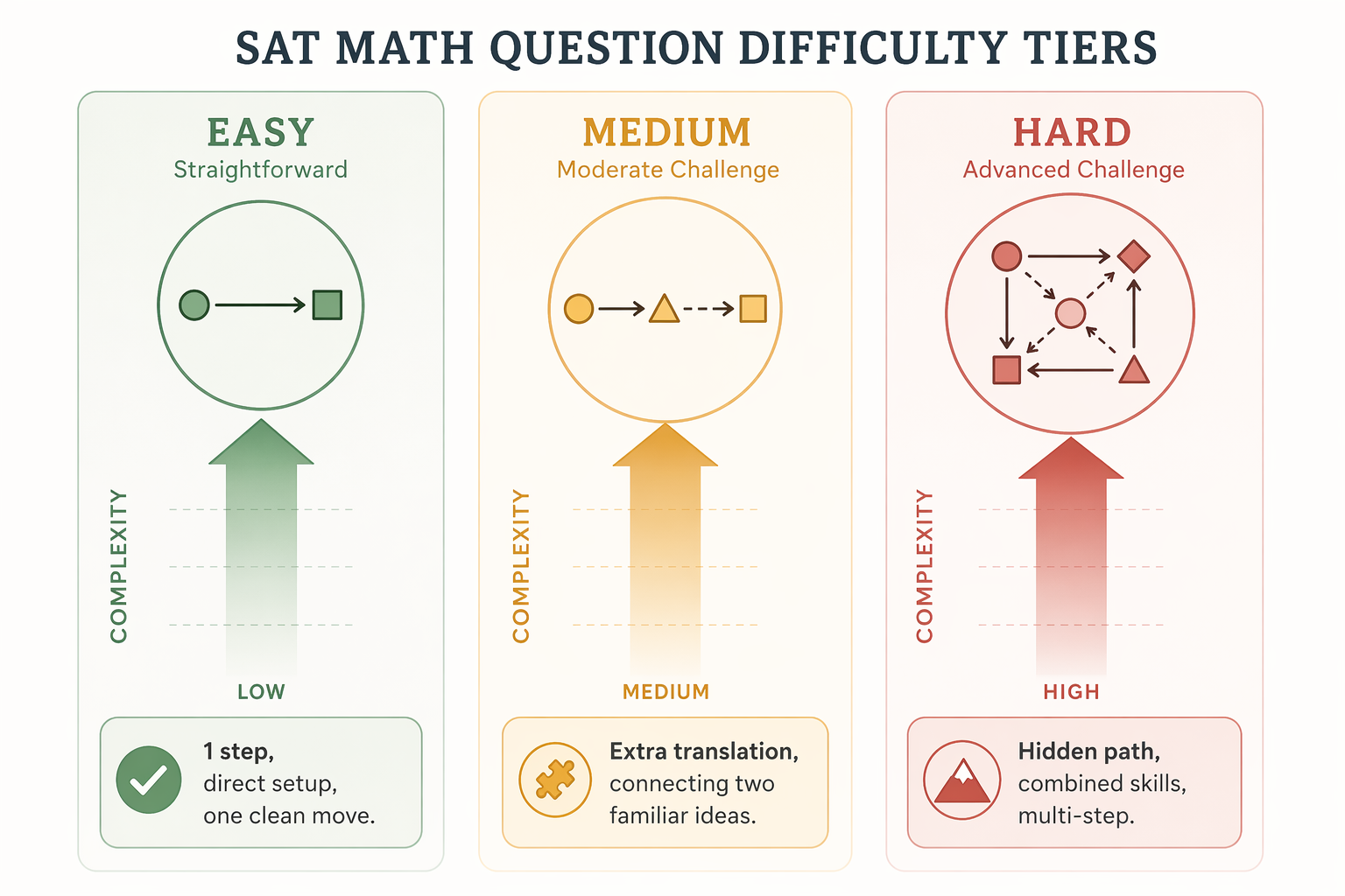 Comparison diagram showing easy, medium, and hard SAT Math difficulty tiers