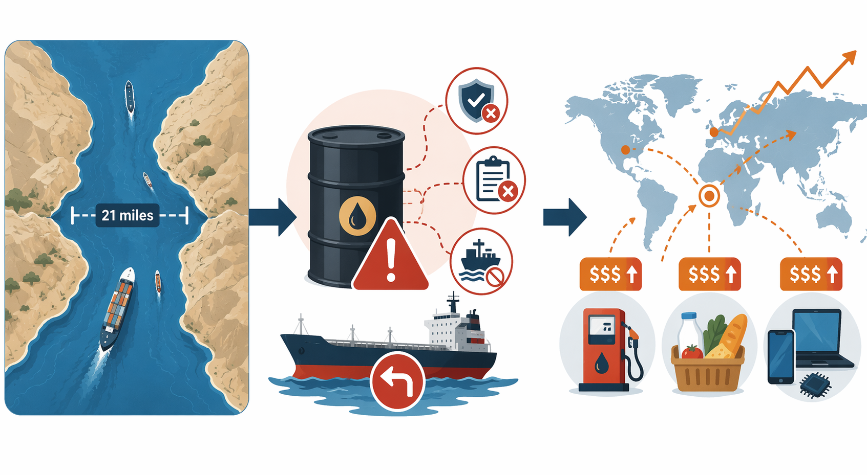 Cause-and-effect illustration linking a narrow 21-mile chokepoint to oil disruption and rising prices