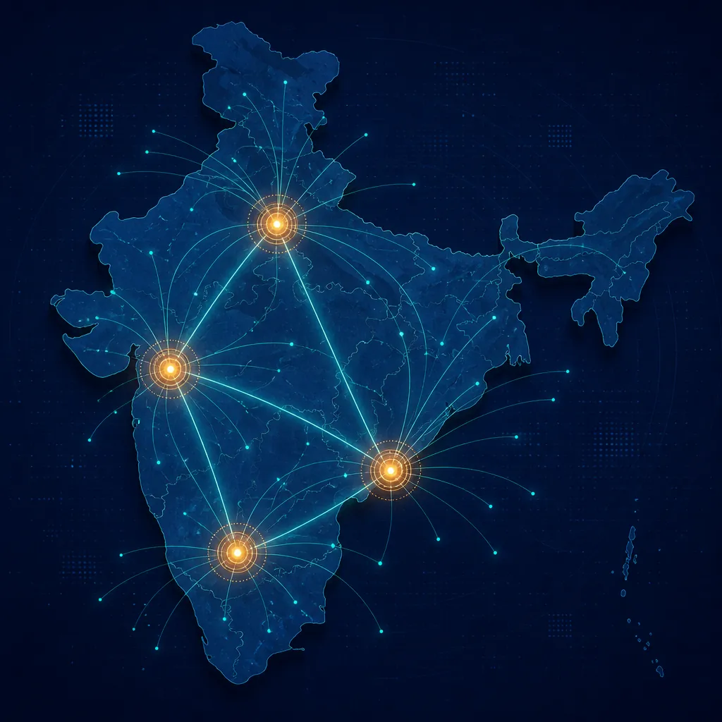 Map of India highlighting the Mumbai, Chennai, Delhi, and Bengaluru data center hubs