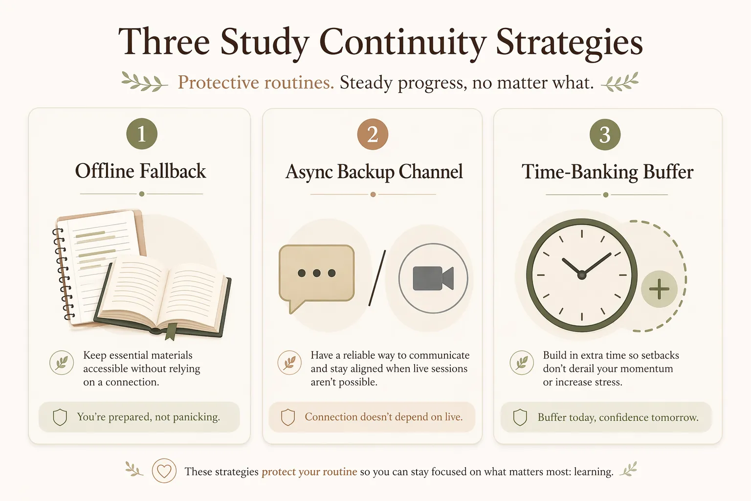 Three platform-agnostic study continuity strategies: offline fallback, async backup channel, and time-banking buffer