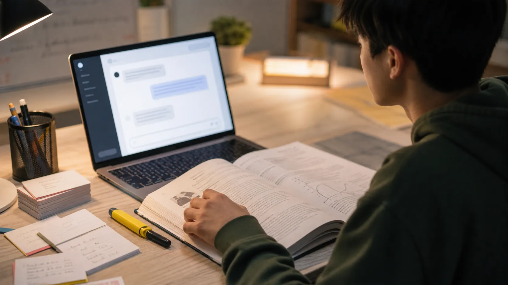 Student verifying an AI chat response against an open exam-prep workbook and printed flashcards