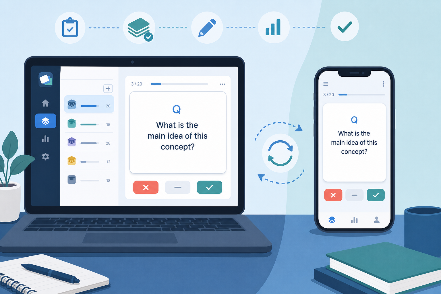 Flat illustration showing a laptop with an Anki deck interface on the left and a smartphone with a mobile review session on the right, connected by a sync arrow