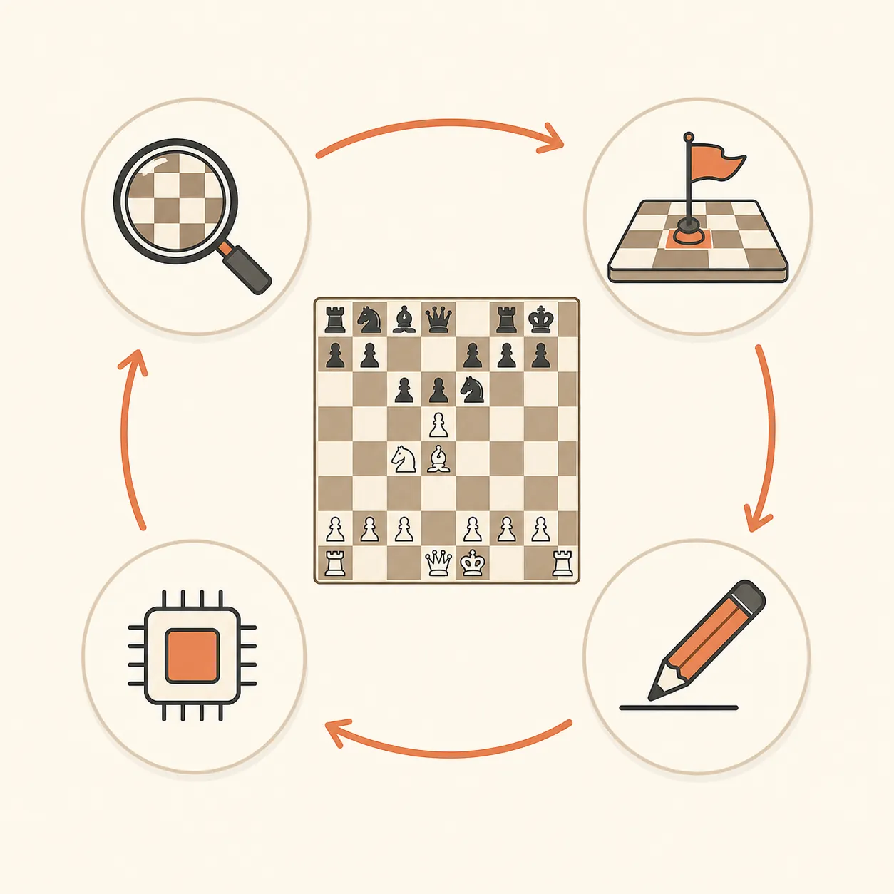 Four-step chess game-review workflow with a board, key moment marker, written note, and engine icon