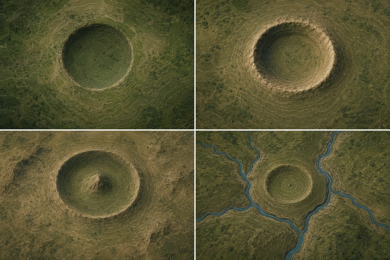 Diagram showing four impact crater recognition criteria: circular depression, raised rim, central uplift, and disrupted drainage