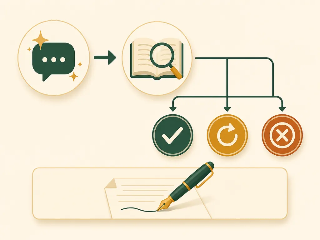 AI chat bubble leading to source verification and accept, revise, or discard decisions, followed by writing in the author's own voice
