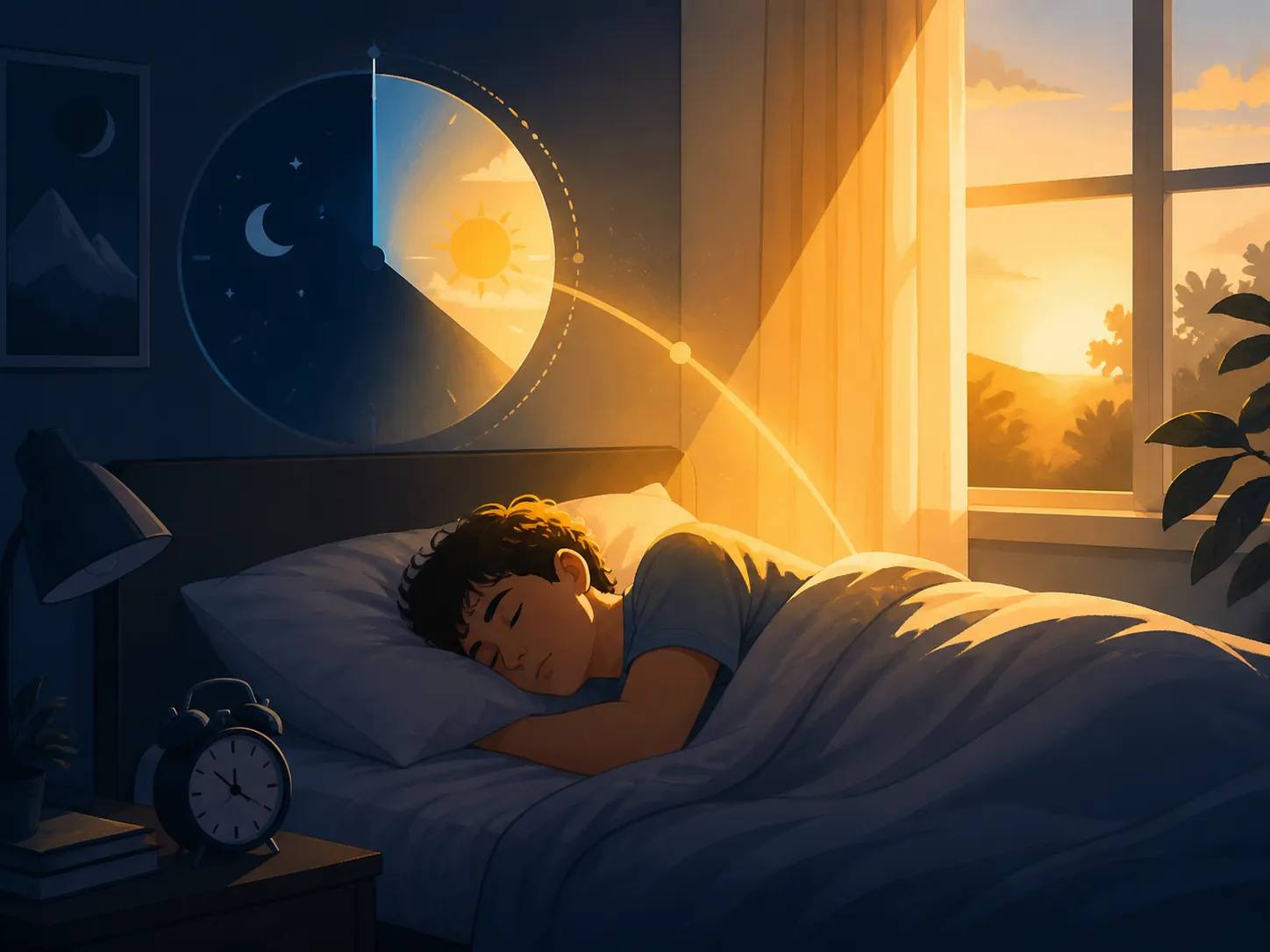 Morning light falling into a teenager's bedroom near an alarm clock