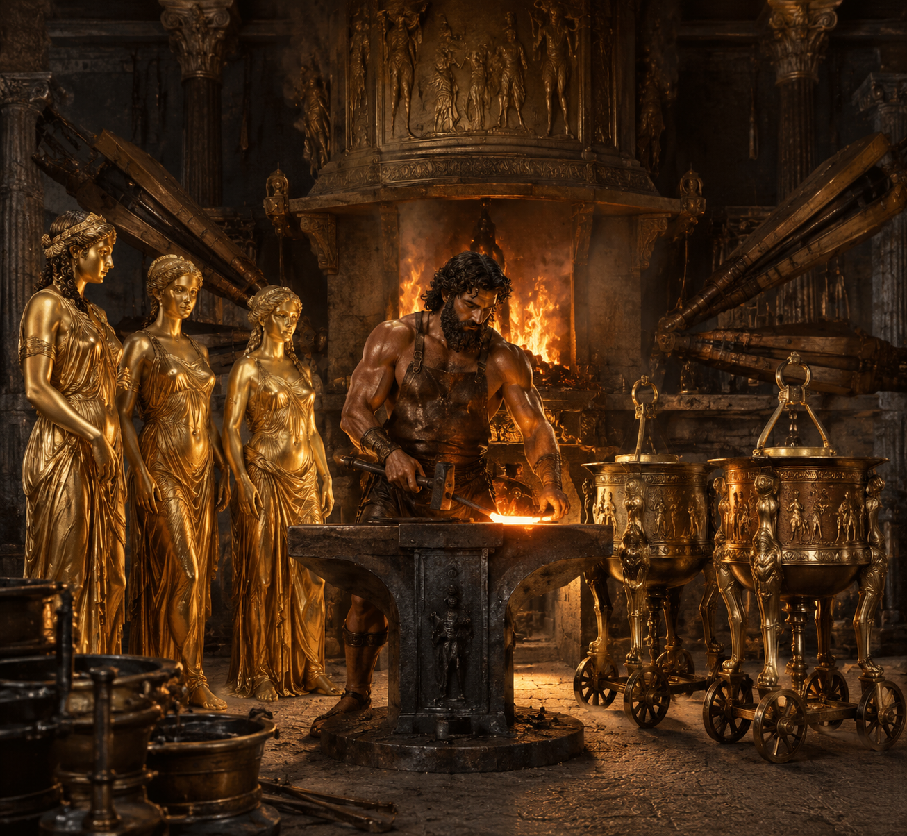 Hephaestus working in his forge beside golden handmaidens and wheeled tripods
