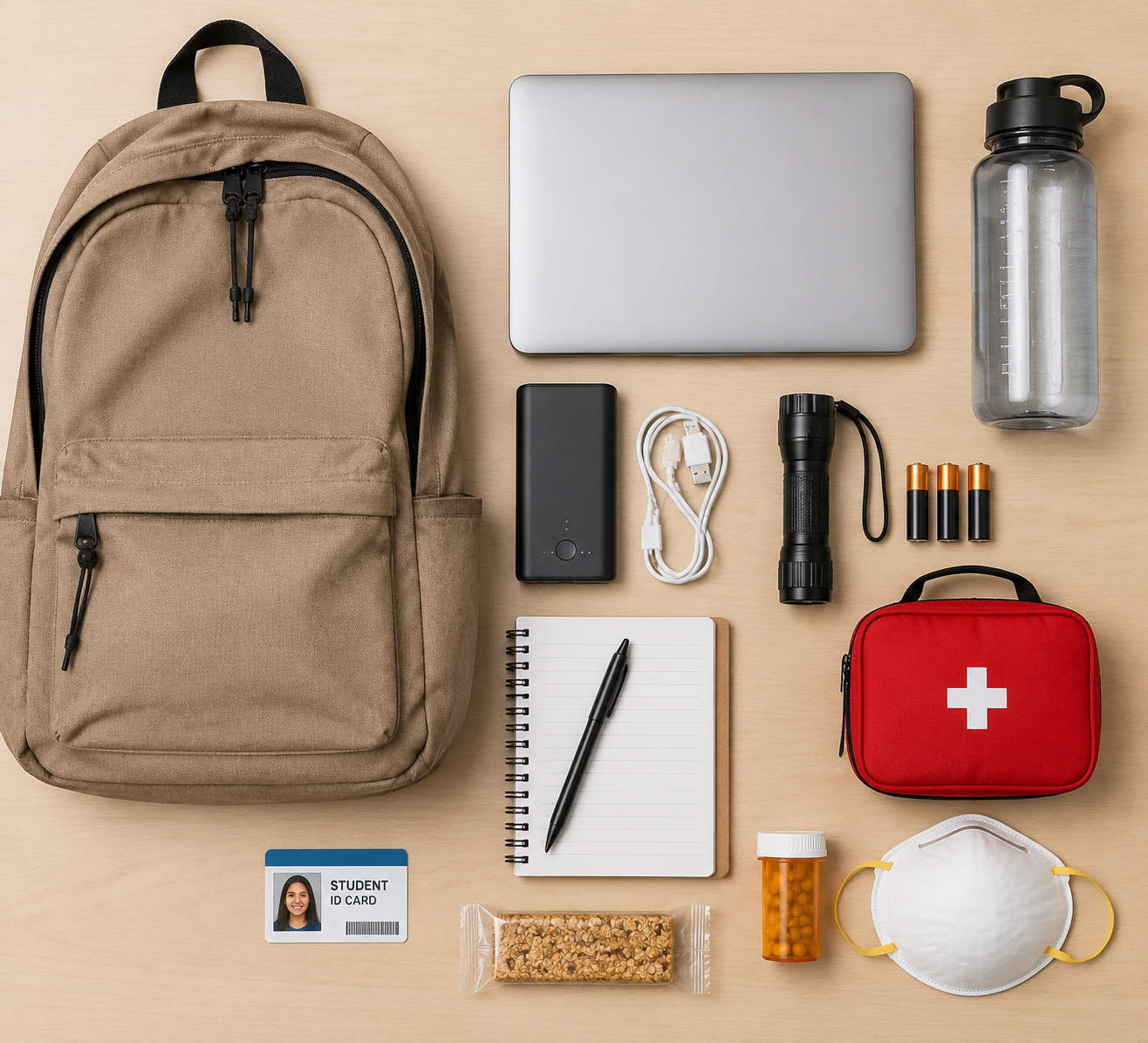 A flat-lay of student go-bag contents including a backpack, laptop, phone charger, flashlight, batteries, water bottle, first aid kit, N95 mask, student ID, medication, and snack bar.