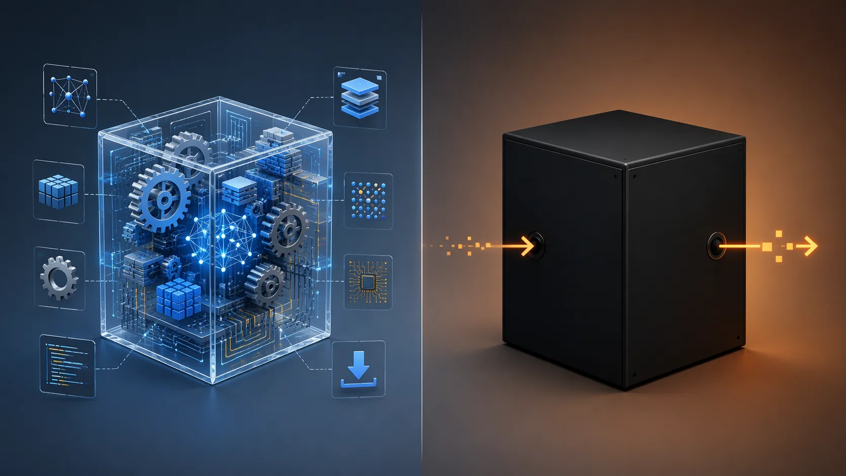 Split illustration comparing a transparent open-weight model with visible internals and a sealed closed API model with input and output arrows