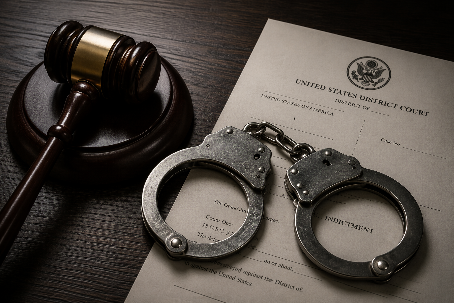 Judge's gavel and handcuffs resting on an official government document