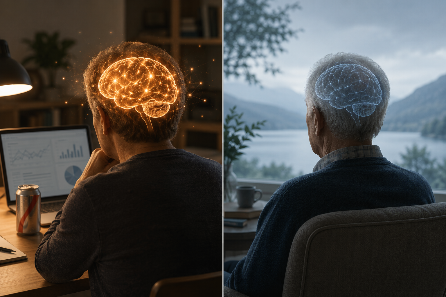A midlife adult at a desk with a diet soda contrasted with an older adult in a calm setting, each shown with a different brain outline.