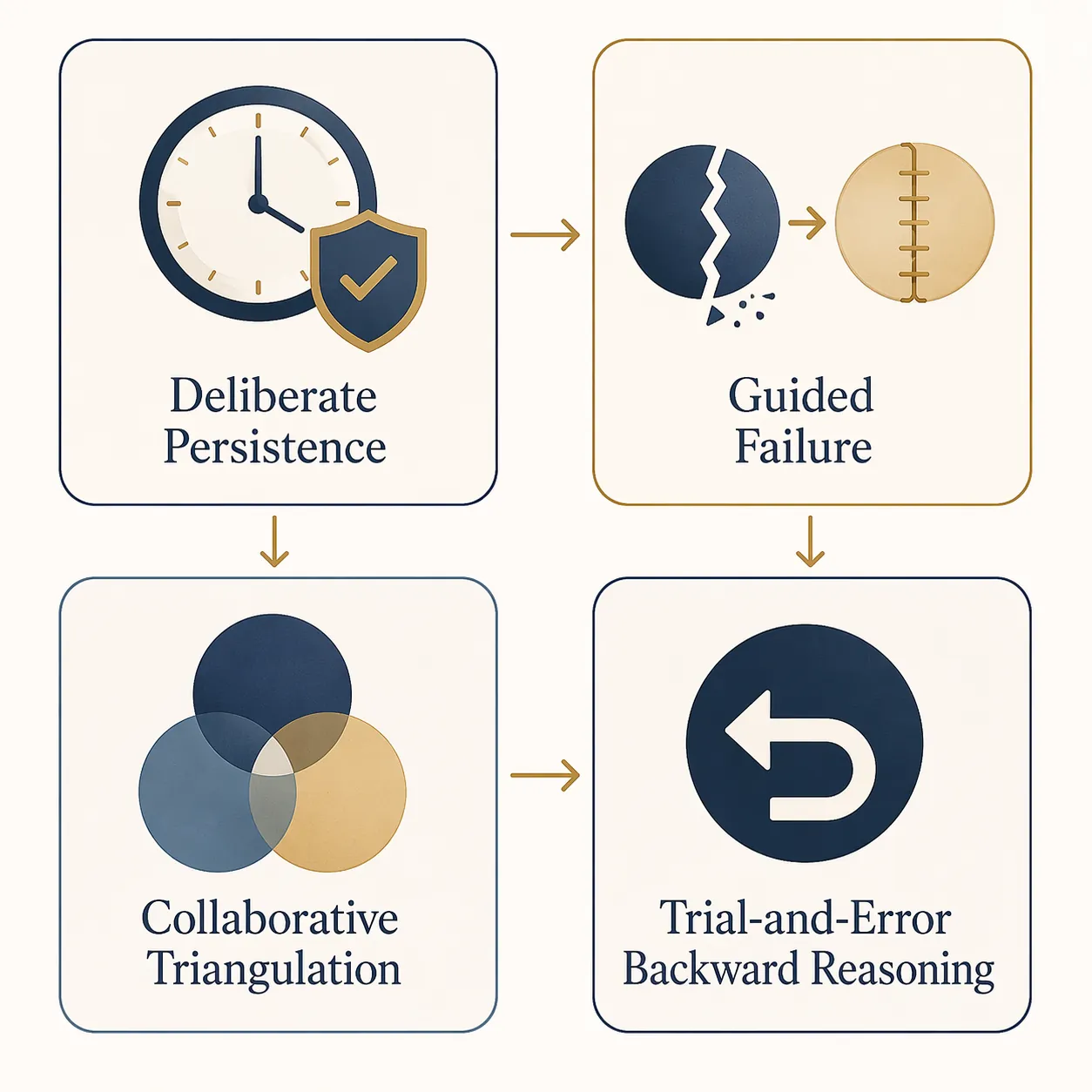 Four problem-solving methods shown as an editorial grid: deliberate persistence, guided failure, collaborative triangulation, and trial-and-error backward reasoning