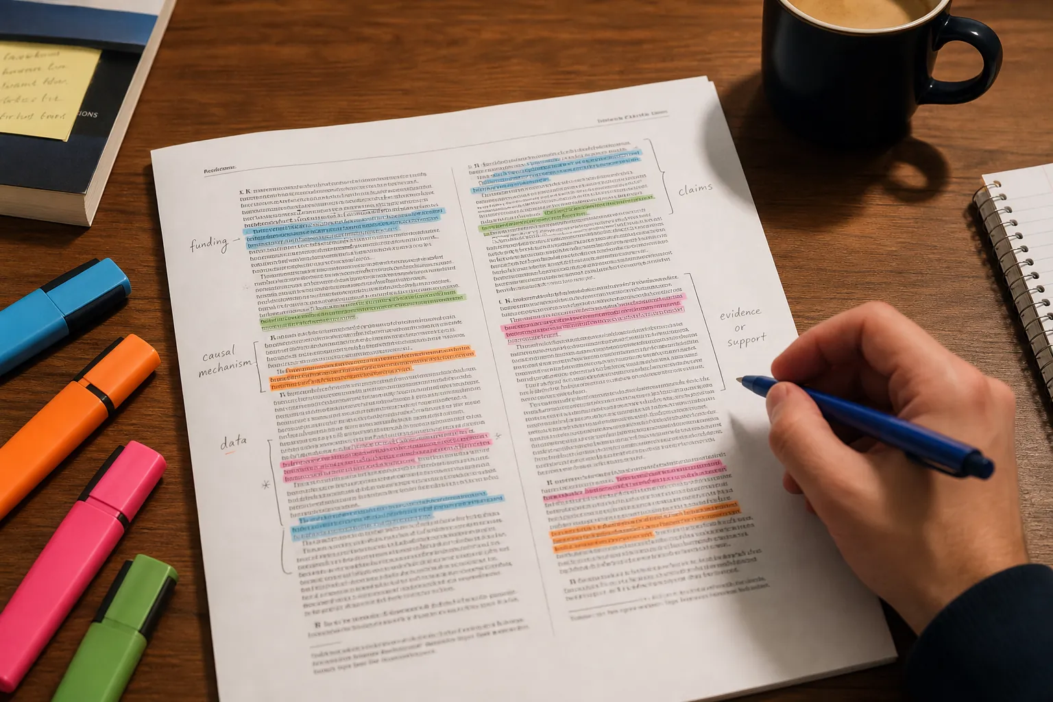 Annotated test-prep workbook with highlighters, pencil notes, pen, and coffee during focused study