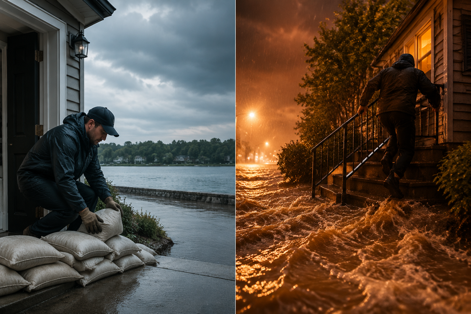 Split scene showing flood watch preparation on the left and flash flood warning evacuation on the right.