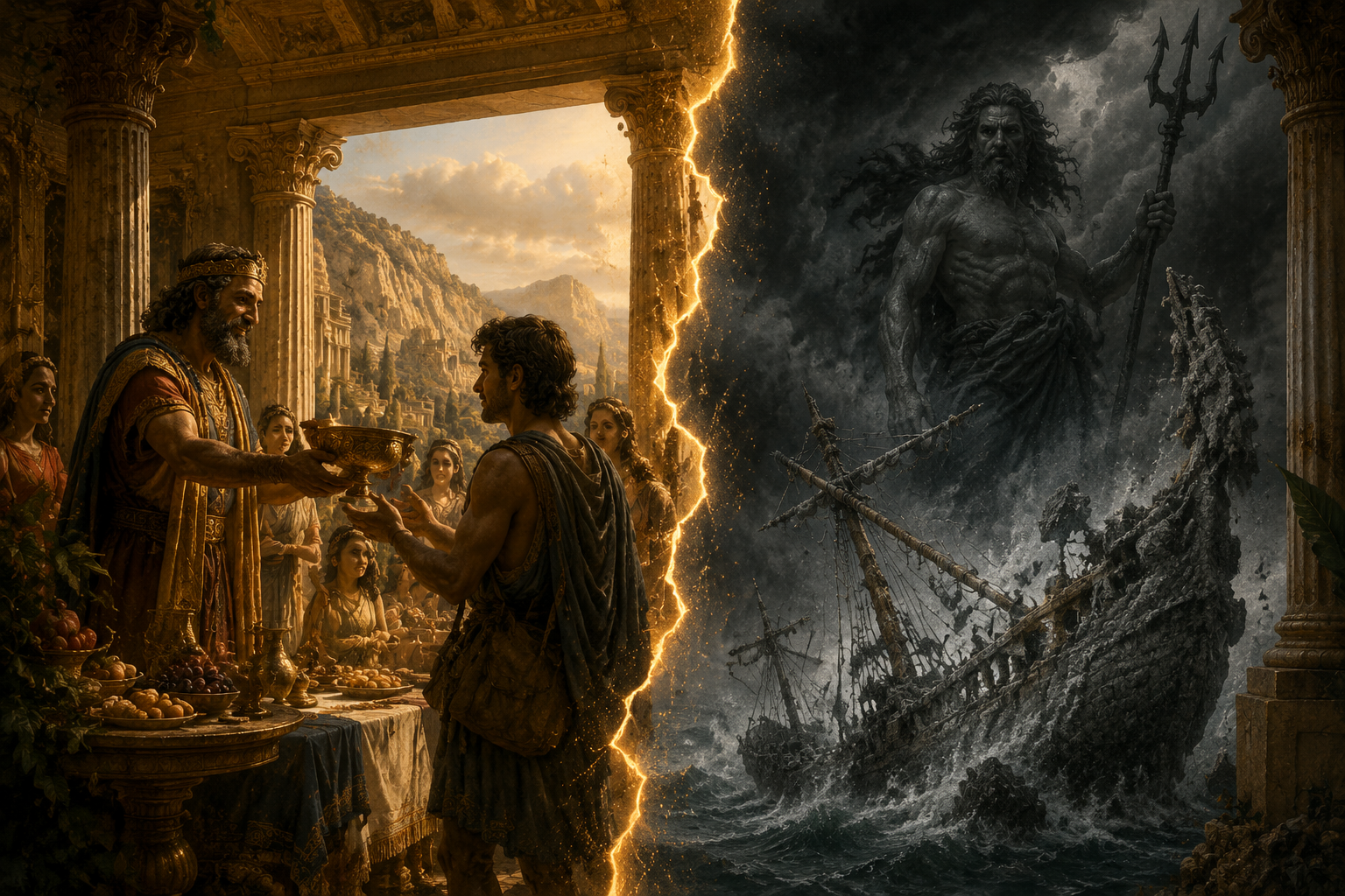 A generous palace welcome contrasted with a ship turned to stone under Poseidon’s storm