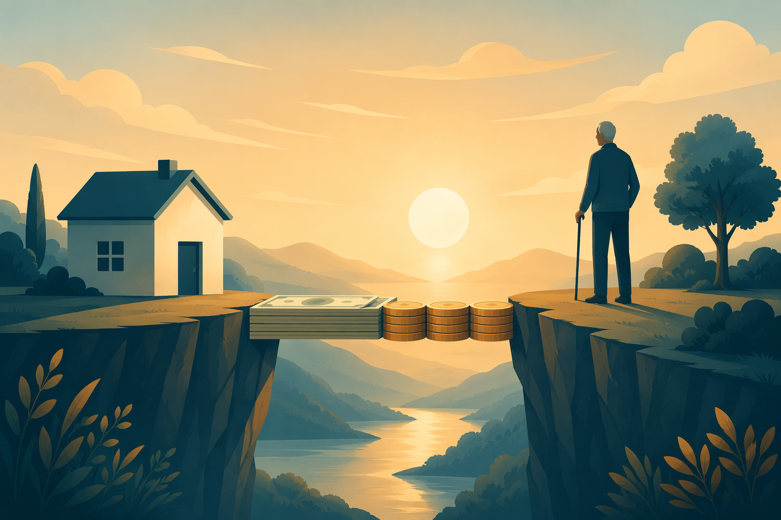 A small stack of coins bridging the gap between stable housing and a cliff edge for an older adult