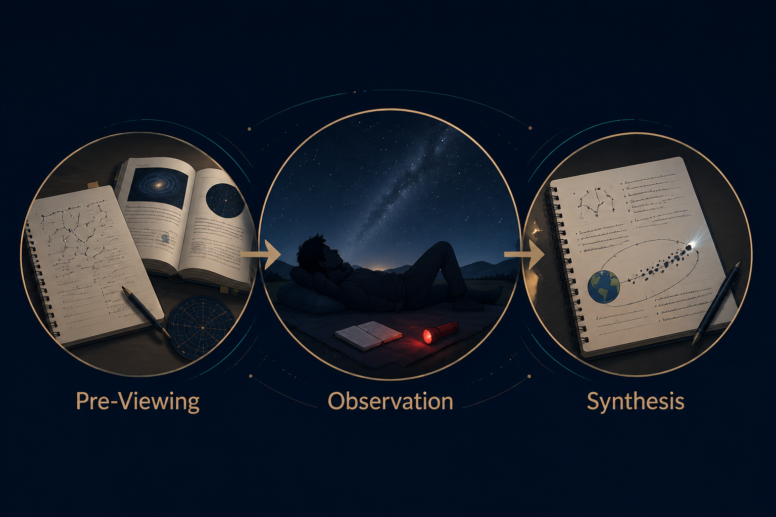 Three-part astronomy lesson flow from pre-viewing preparation to night-sky observation to post-viewing synthesis