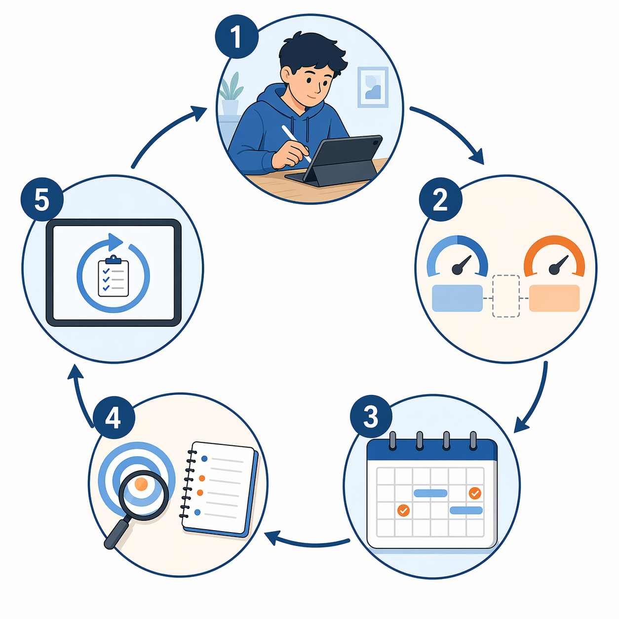 Circular SAT study workflow from diagnostic test to score gap, timeline, review, and retest