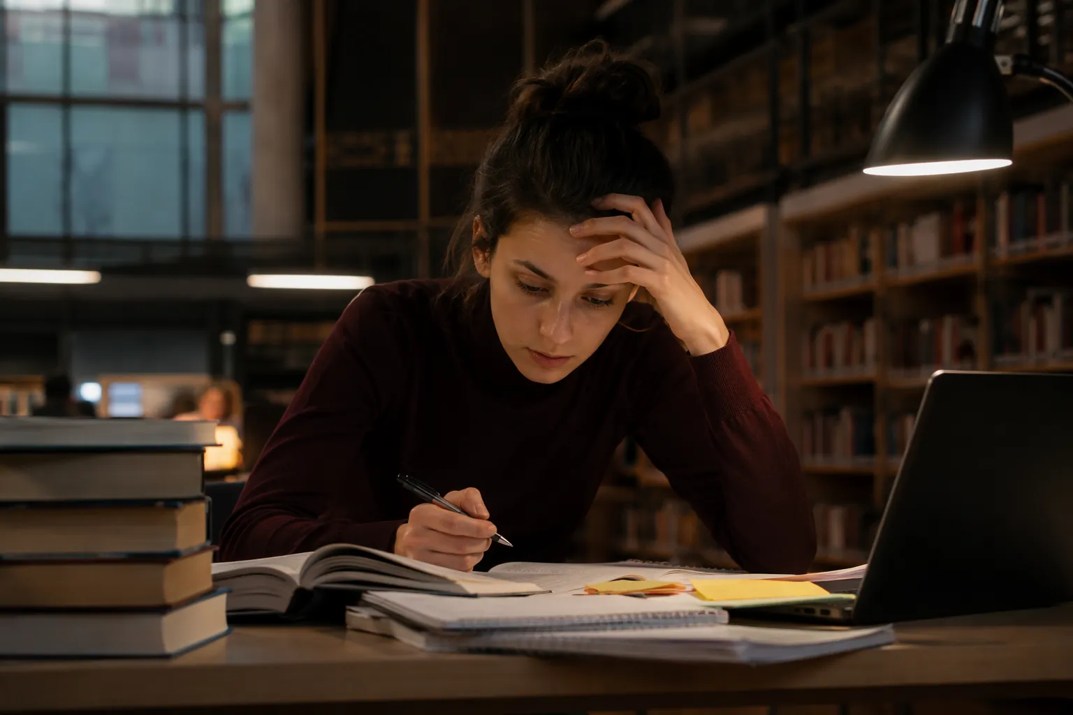 A pensive student studies at a desk in a dim academic library surrounded by books and notes