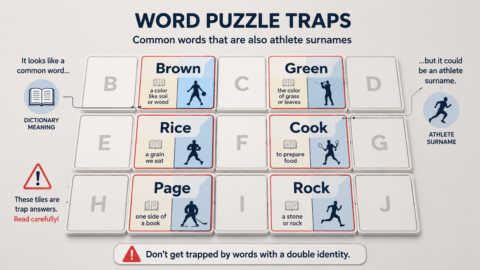 Word tiles such as Brown, Green, Rice, Cook, Page, and Rock shown as both ordinary words and athlete-name traps